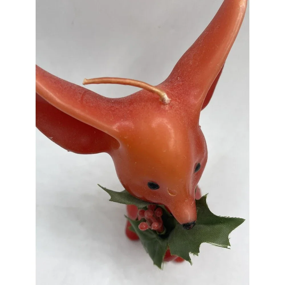 Vintage Red Mouse w/ Big Ears Holding Holly Figure Candle  5.5” Tall -